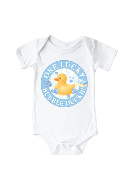 One Lucky Duckie Blue Graphic Bodysuit & Kids Tee | White