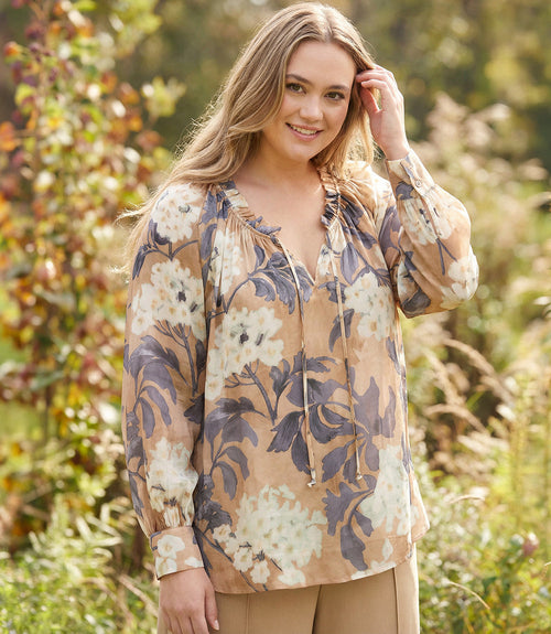 Plus Size Long Sleeve Ruffle Neck Peasant Top