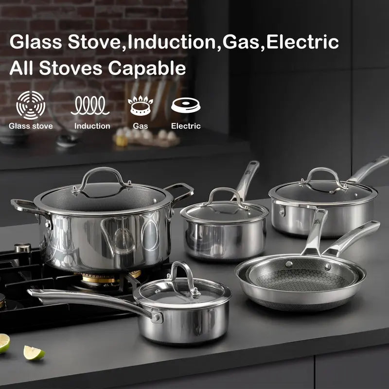 SNOWCLAD 10-Pc & 14-Pc Hybrid Metal Cookware Sets - Nonstick Stainless Steel Kitchenware