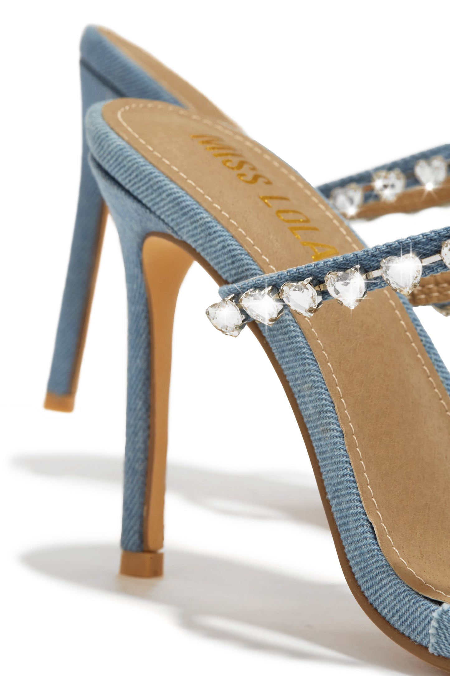 Love Addiction Embellished High Heel Mules - Denim