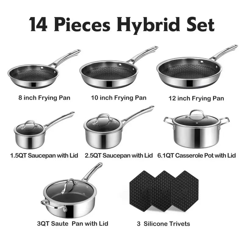 SNOWCLAD 10-Pc & 14-Pc Hybrid Metal Cookware Sets - Nonstick Stainless Steel Kitchenware
