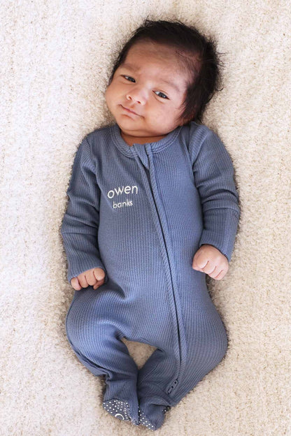 Embroidered Bamboo Waffle Zipper Footie | Mountain Haze