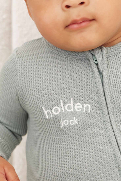 Embroidered Bamboo Waffle Zipper Footie | Mountain Haze