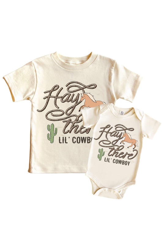 Hay There Lil' Cowboy Graphic Bodysuit & Kids Tee | Natural