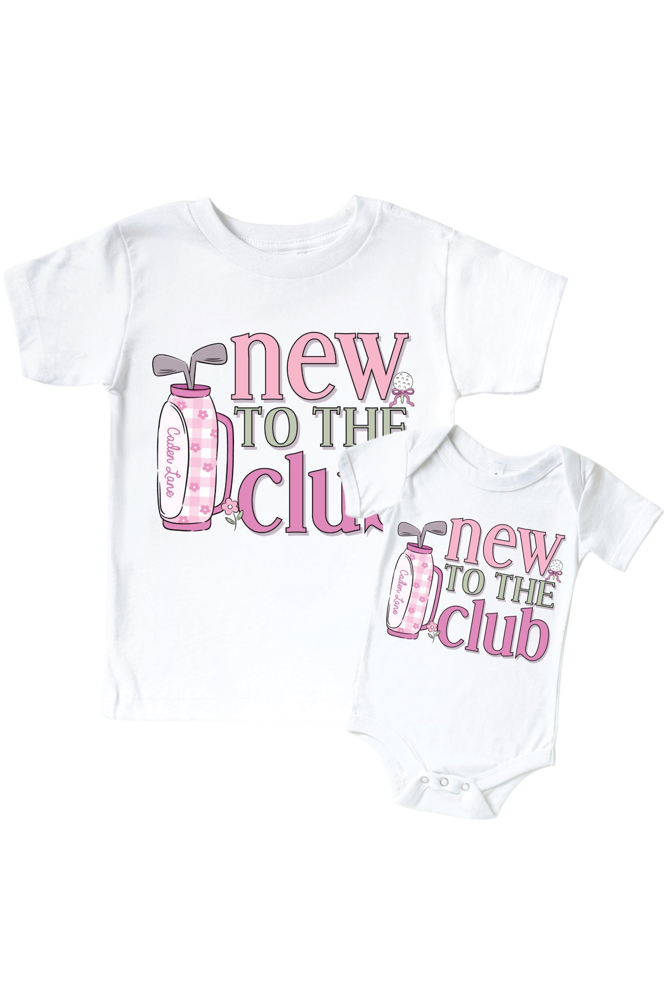 New To The Club Pink Graphic Bodysuit & Kids Tee | White