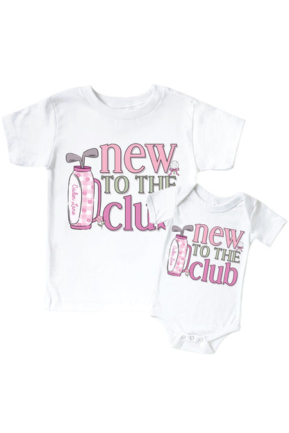 New To The Club Pink Graphic Bodysuit & Kids Tee | White