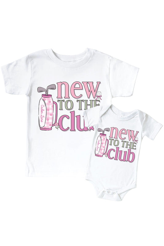 New To The Club Pink Graphic Bodysuit & Kids Tee | White