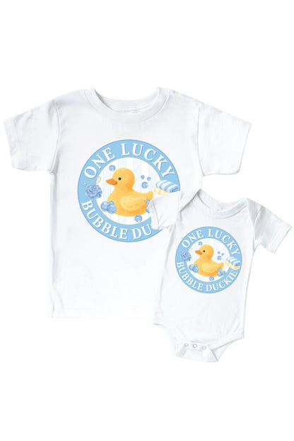 One Lucky Duckie Blue Graphic Bodysuit & Kids Tee | White