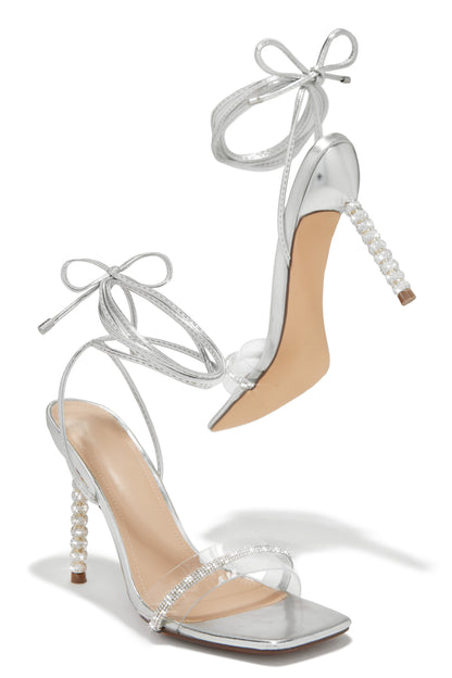 Irisa Embellished Lace Up Heels - Silver